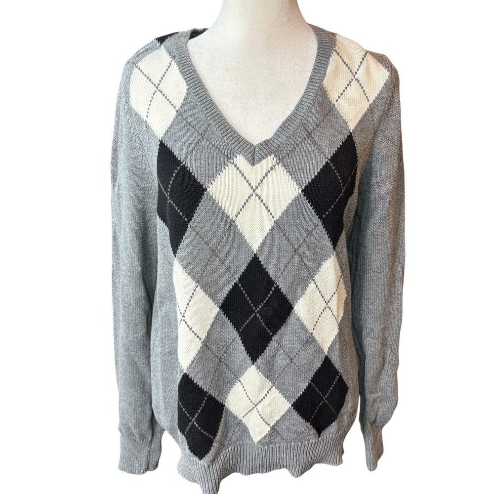 IZOD Golf Womens Grey Argyle V-Neck Cotton Knit Sweater Size Medium #1177